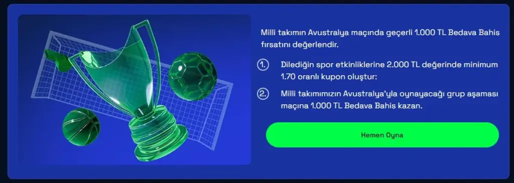 Jetbet Avustralya maçı kampanyası; 2.000 TL kupon ile 1.000 TL bedava bahis