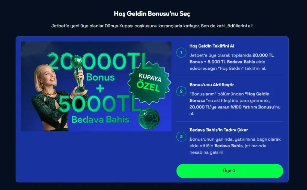 Jetbet hoş geldin bonusu kampanyası; 20.000 TL bonus ve 5.000 TL bedava bahis ile üç adımlı katılım